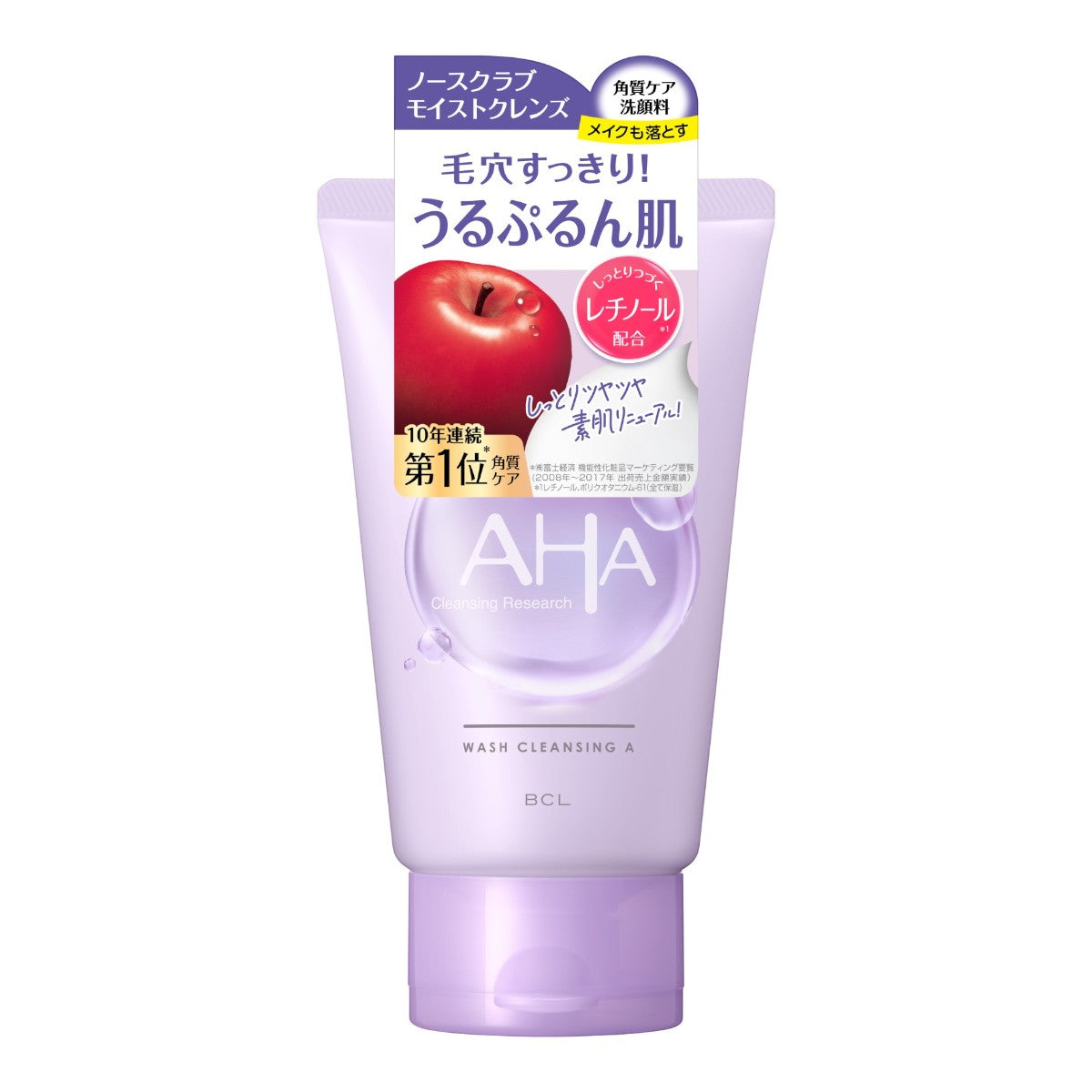 AHA Cleansing Research Wash Cleansing A-Retinol 120g med japansk text och ett rött äpple på förpackningen.