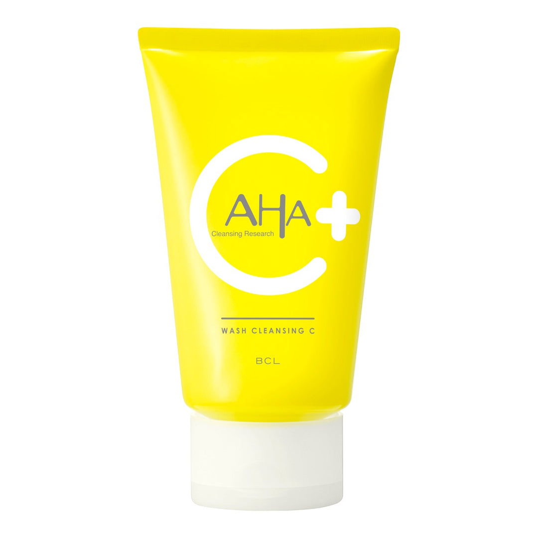 AHA Cleansing Research Wash Cleansing C 120g tub i gult, inspirerad av japansk hudvård, på vit bakgrund.