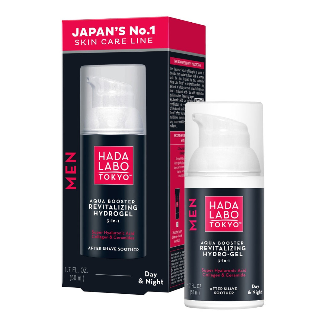 Hada Labo Aqua Booster Hydrogel Day & Night för män 50ml med förpackning, inspirerad av japansk hudvård.