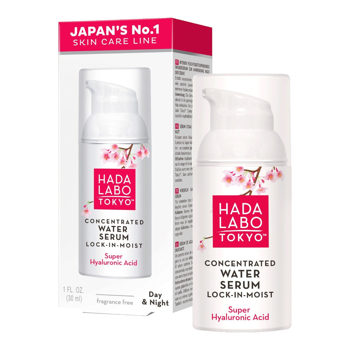 HADA LABO Concentrated Water Serum Lock-in-Moist 30ml står bredvid sin förpackning.