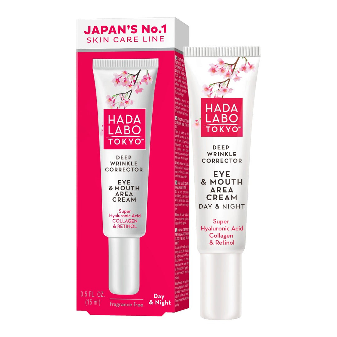 Hada Labo Deep Wrinkle Corrector Eye & Mouth Area Cream 15ml med hyaluronsyra för dag och natt.