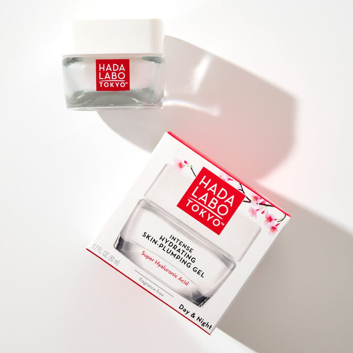 Hada Labo Intense Hydrating Skin-Plumping Gel 50ml och tillhörande förpackning på vit bakgrund.