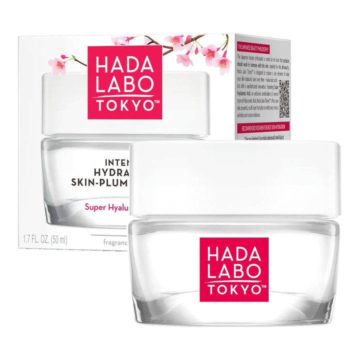 Hada Labo Intense Hydrating Skin-Plumping Gel 50ml burk med tillhörande förpackning synlig i bakgrunden.