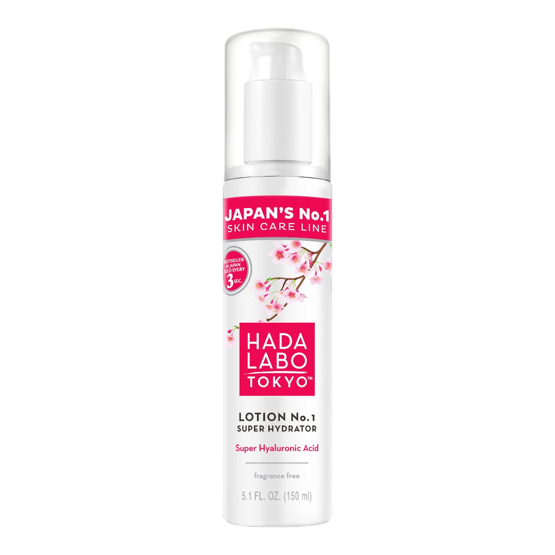 HADA LABO Lotion No.1 Super Hydrator 150 ml med pump, hyaluronsyra och körsbärsblomsdesign.