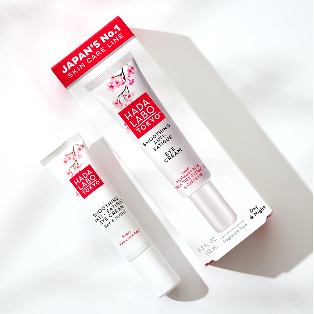 Hada Labo Smoothing Anti-Fatigue Eye Cream 15ml tub och fråga mot vit bakgrund.
