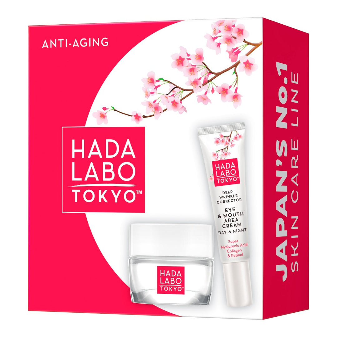 Hada Labo Anti-Aging Set 2 pack med körsbärsblomsmotiv och Super Hyaluronsyra, inspirerat av japansk hudvård.