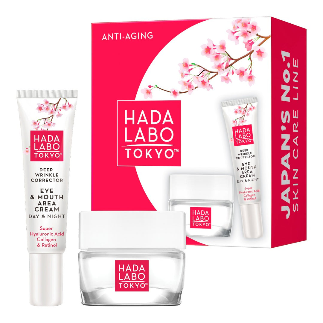 Hada Labo Anti-Aging Set 2-pack med Super Hyaluron i körsbärsblom-design, japansk hudvårdsinspiration.