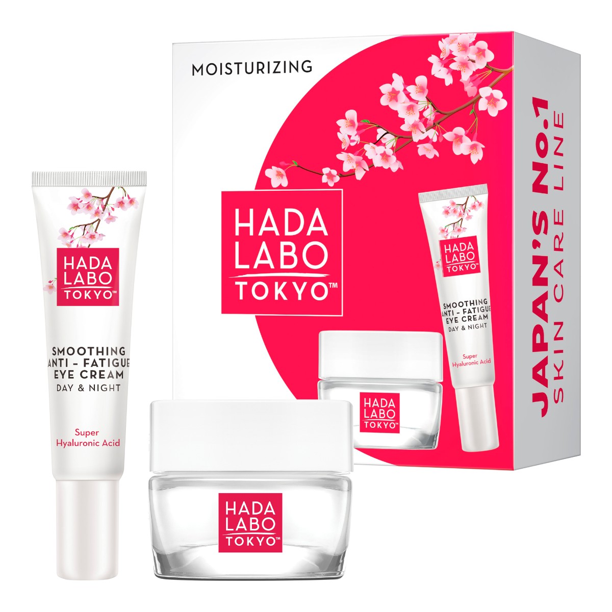 Hada Labo Moisturizing Set 2-pack med hyaluronsyra för ansikte och ögon i körsbärsblomsdesign.
