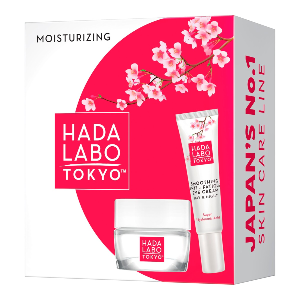 Hada Labo Moisturizing Set 2-pack för ansikte med ögonkräm och hyaluronsyra, dekorerad med körsbärsblommor.