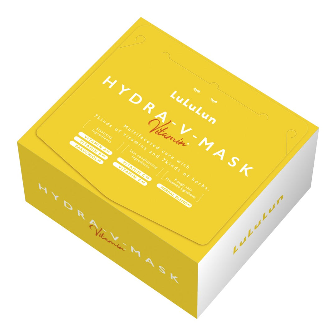 LuLuLun Hydra V-Mask Vitamin Sheet Mask 28st i gul förpackning med ingredienser och detaljer på framsidan.