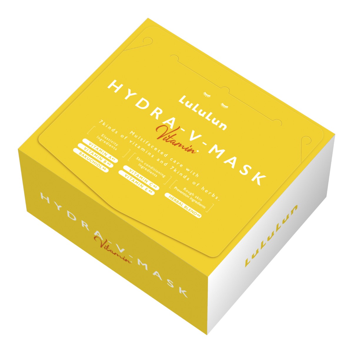 LuLuLun Hydra V-Mask Vitamin Sheet Mask 28st i gul förpackning med ingredienser och detaljer på framsidan.