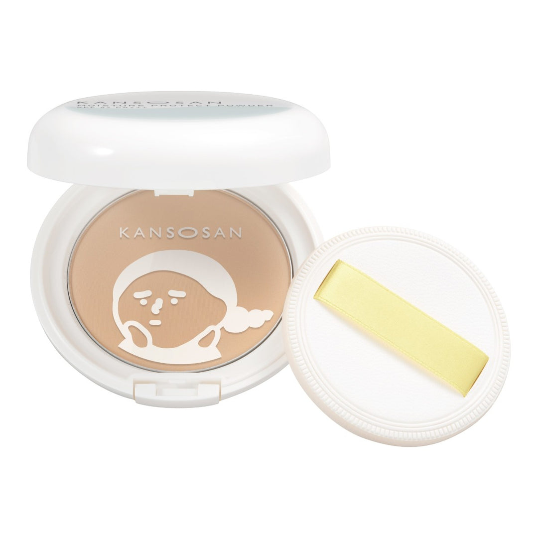 KANSOSAN Moisture Protect Powder 10g med beige puder i vit dosa, rund applikator med gul rosett.