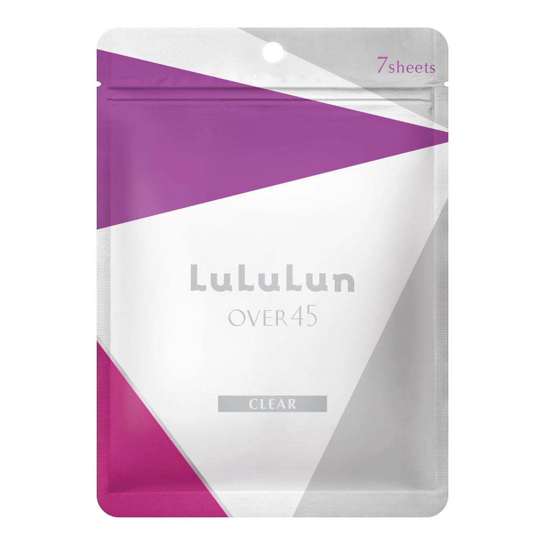 LuLuLun Over 45 Clear Sheet Mask 7st med rosa, vita och silverfärgade arkmasker för japansk hudvård.