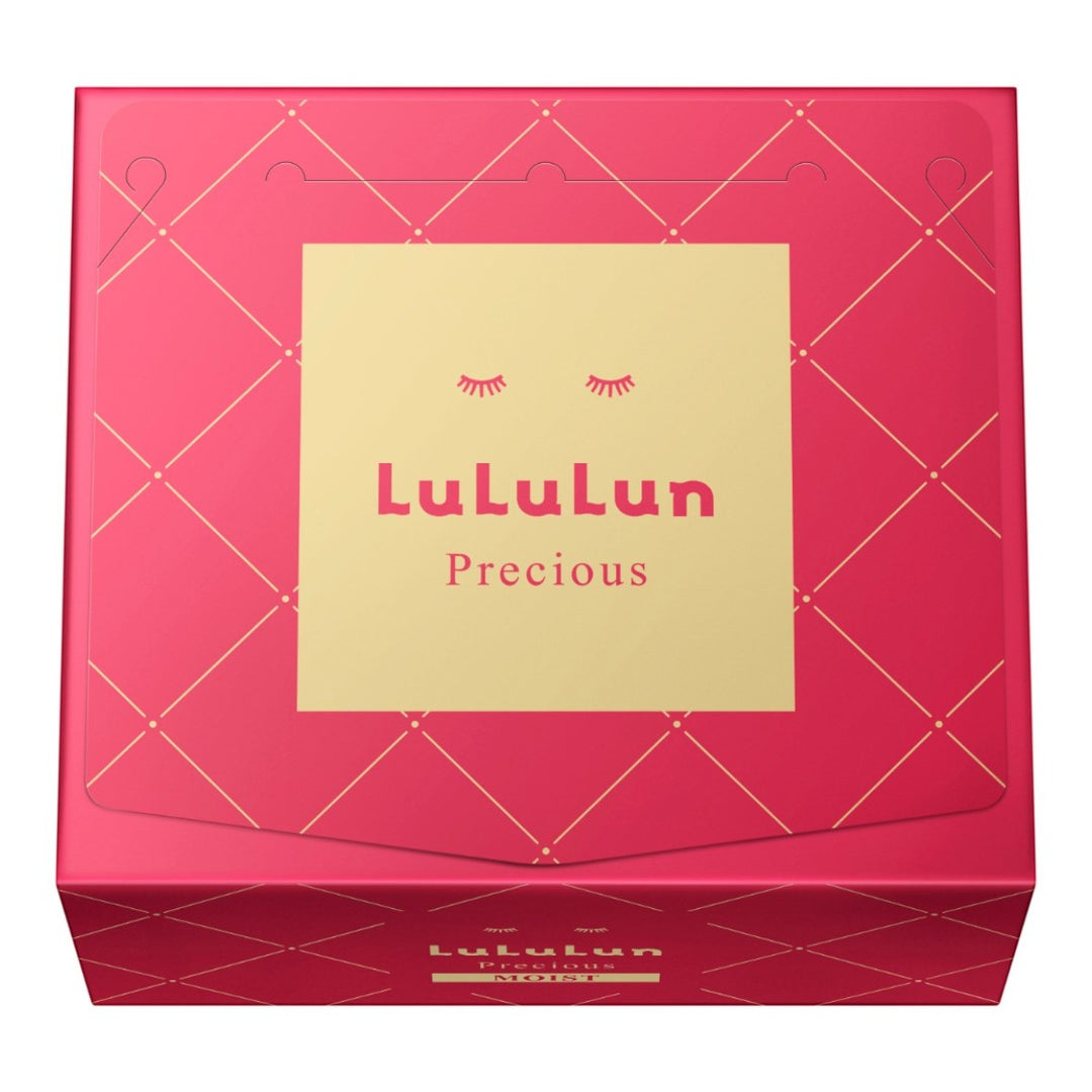 LuLuLun Precious Sheet Mask Red 32st, rosa och guld ask med ögonfransdesign och fermenterat risextrakt.