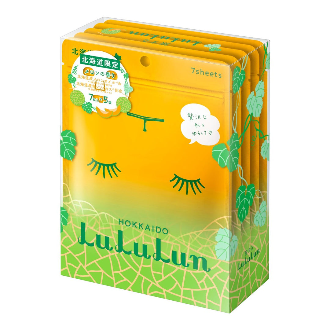 LuLuLun Premium Sheet Mask Hokkaido Melon 5x7st förpackning med 35 melonolja-infunderade gröngula arkmasker.