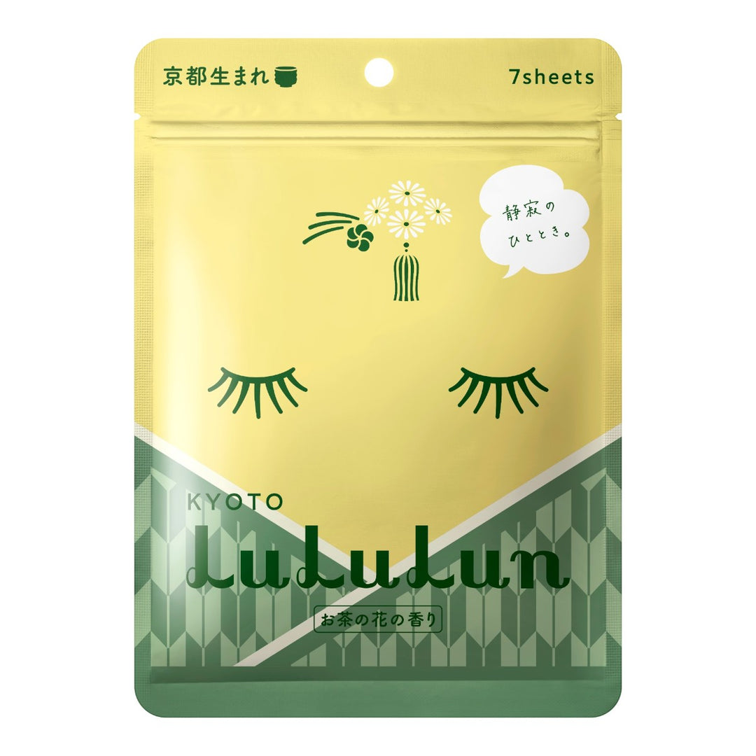 LuLuLun Premium Sheet Mask Kyoto Green Tea 7st i gul förpackning med japansk text, arkmask med grönt te.