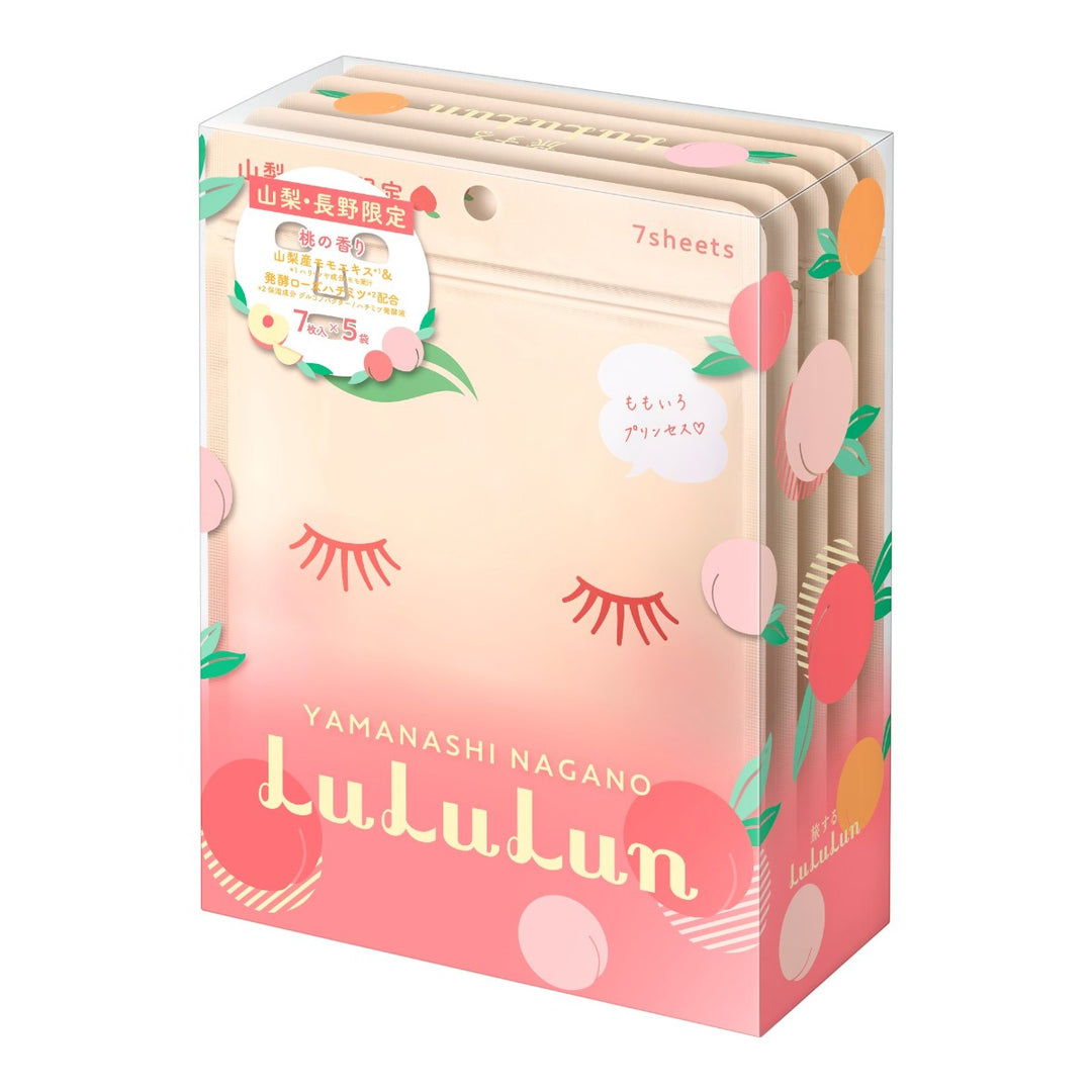 LuLuLun Premium Sheet Mask Yamanashi Peach 5x7st ansiktsmask med persikoextrakt och stängda ögon på förpackningen.