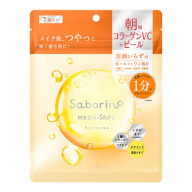 Saborino Mega Shot Morning Collagen Peeling Mask C 7st med japansk text och bubblor på förpackningen.