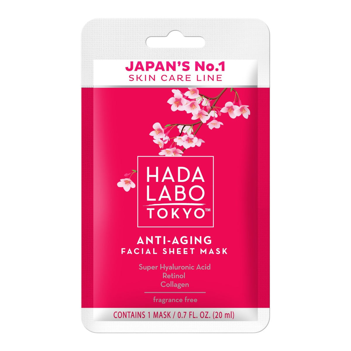 HADA LABO TOKYO Anti-Aging Facial Sheet Mask 20 ml, framsida av rosa förpackning med körsbärsblommor.