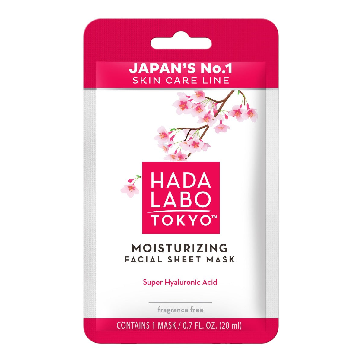 HADA LABO TOKYO Moisturizing Facial Sheet Mask 20 ml, framsida av vit och rosa förpackning med körsbärsblommor.