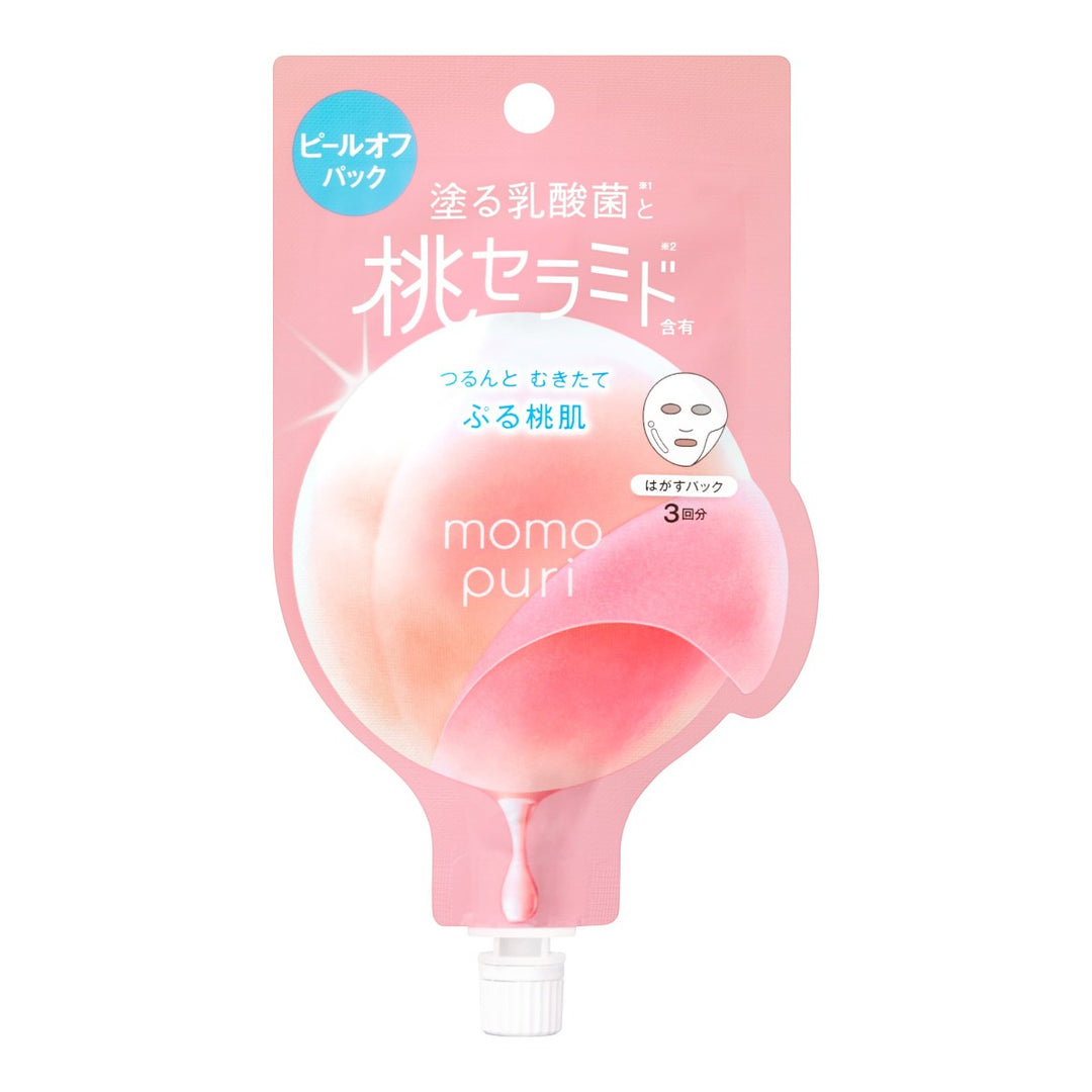 Momopuri Fresh Peel Off Pack 20g i rosa påse med persikomotiv och japansk text, ansiktsmask för hudvård.