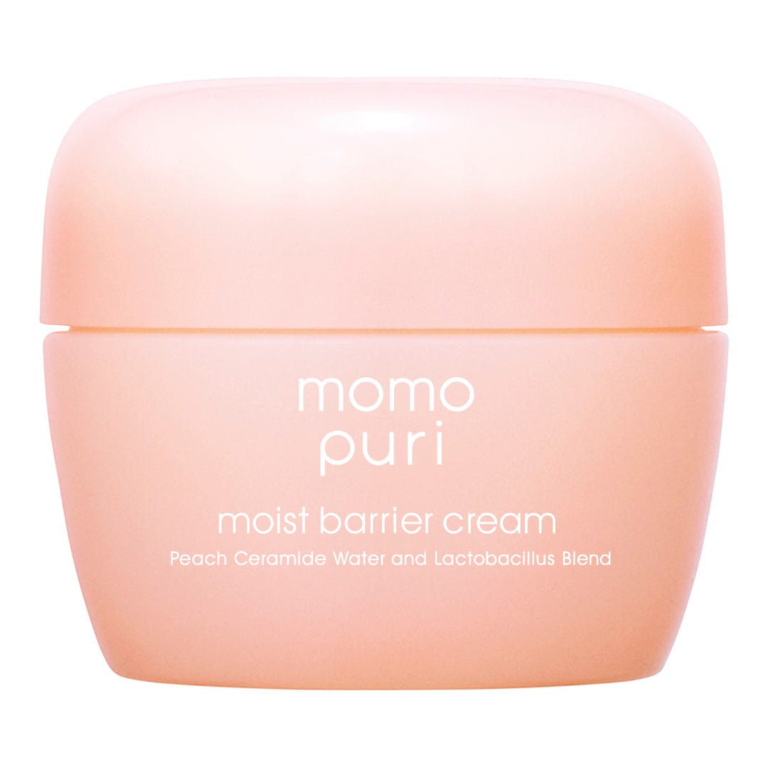 Momopuri Moist Barrier Cream 80g i persikofärgad burk med vit text.