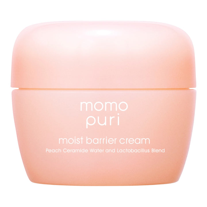 Momopuri Moist Barrier Cream 80g i persikofärgad burk med vit text.