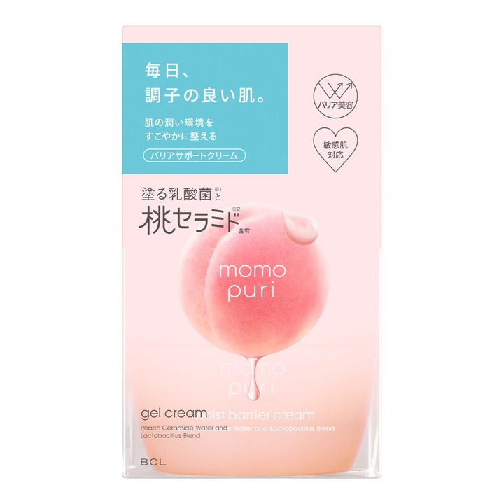 Momopuri Moist Barrier Cream 80g med persikografik och japansk text mot rosa bakgrund.