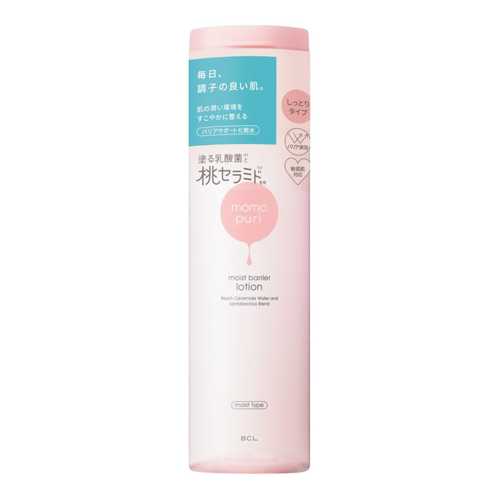 Momopuri Moist Barrier Lotion Moist 200ml rosa flaska med japansk text och varumärke på framsidan.