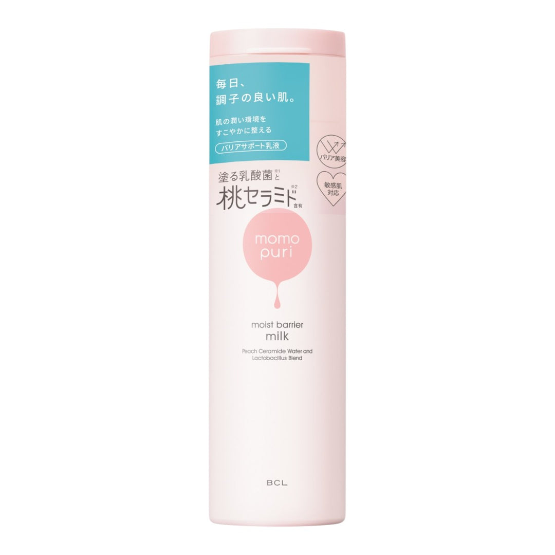 Momopuri Moist Barrier Milk 150ml flaska med ceramider och japansk text på etiketten.