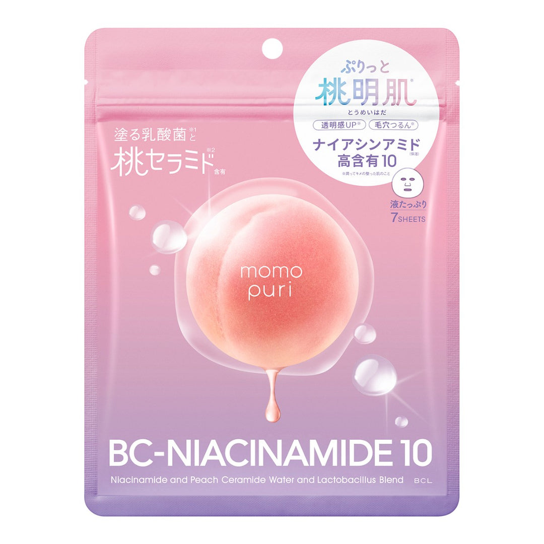 Momopuri Moist Barrier Serum Mask BC-Niacinamide 10 rosa förpackning med persikomotiv och engelsk text.