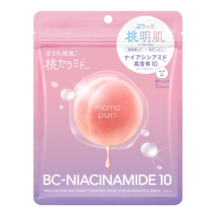 Momopuri Moist Barrier Serum Mask BC-Niacinamide 10 rosa förpackning med persikomotiv och engelsk text.